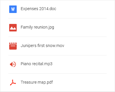 Google Drive file type list including images, documents and music